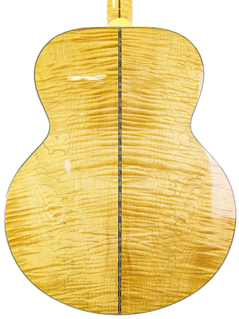 The image displays a 2001 Gibson SJ-200 guitar, highlighting its striking yellow wood back and sides.