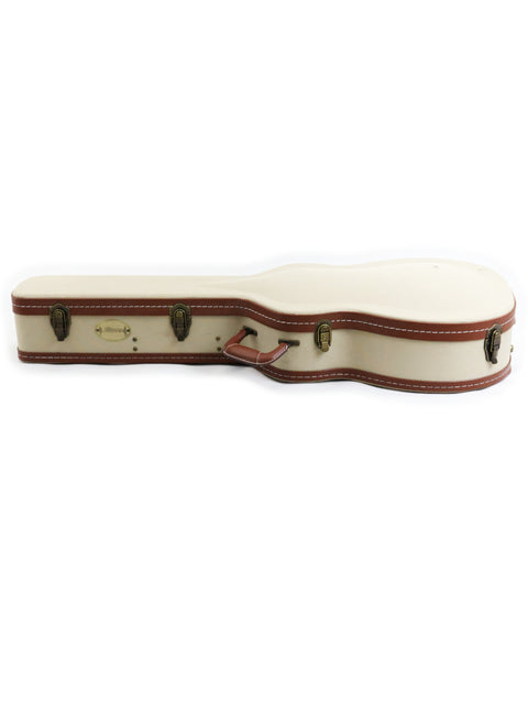 The image displays a white guitar case with stylish brown leather straps, representing the 2019 Alvarez MDA66SHB.