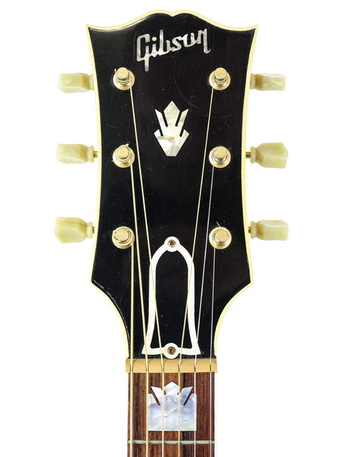 The image features a Gibson Les Paul Custom Shop guitar, highlighting its premium build, with a 2001 Gibson SJ-200 in the background.