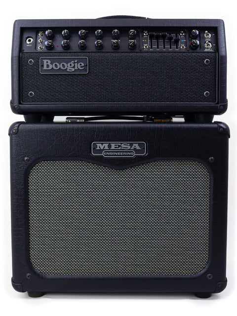 The image features a black Mesa Boogie Mark V 35 head positioned on a black speaker cabinet, highlighting its modern aesthetic.