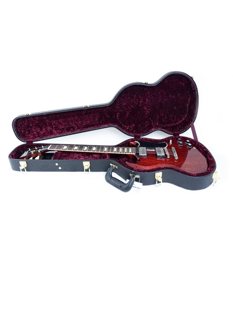The image features a red guitar case with a black Gibson Custom ’61 Les Paul SG Standard guitar nestled inside, ready to play.