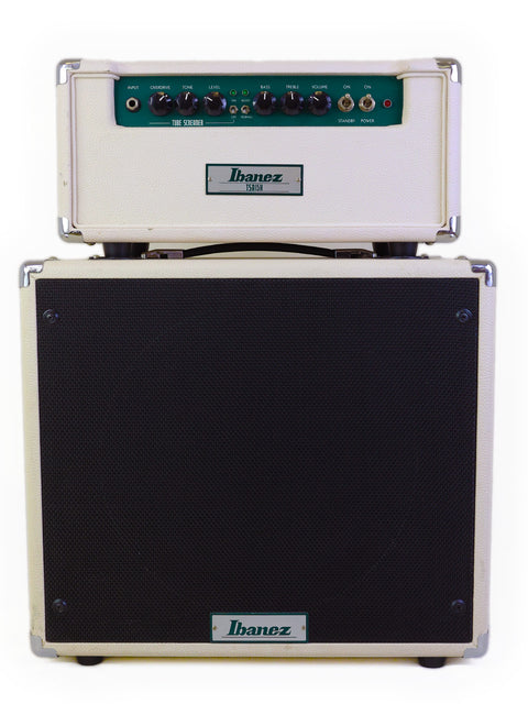 The image features a white Ibanez TSA15 Tube Screamer amplifier, adorned with a green cover, highlighting its 2010 model.