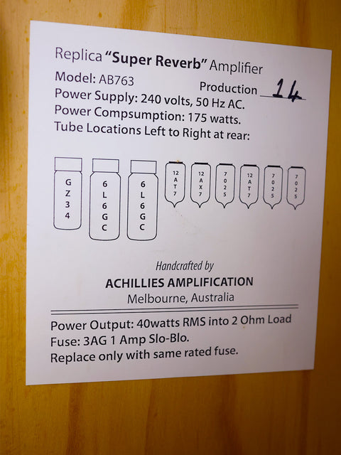 The label on a wooden cabinet displays "Super Reverb Amplifier," showcasing the Achillies Zephyr 45 4x10 Combo Amplifier.
