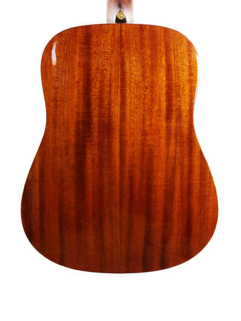 The rear side of an Alvarez MDA66SHB acoustic guitar, highlighting its rich wooden back and fine craftsmanship from 2019.