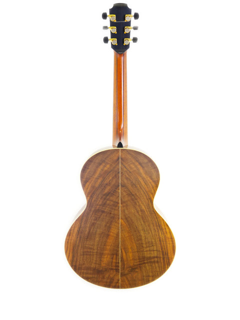 The wooden back of a Lowden S-35 acoustic guitar, highlighting its craftsmanship as a 2018 prototype from Ireland.