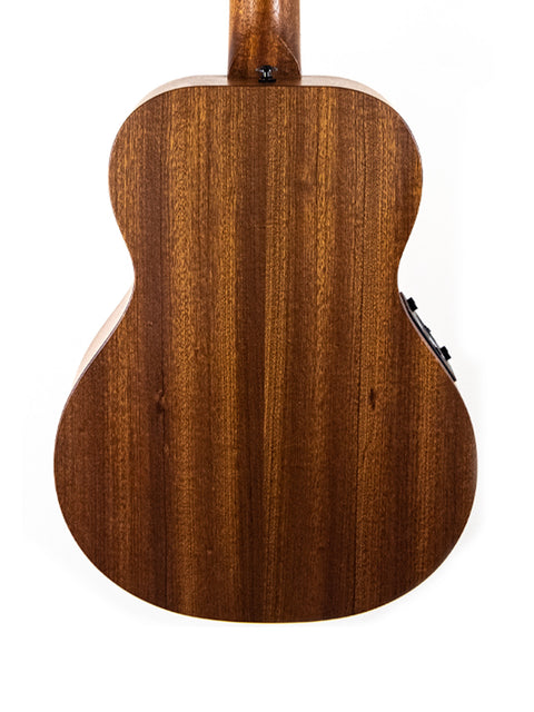 The wooden back of a Maton Mahogany Mini12 String EMM-12 acoustic guitar, highlighting its elegant design and natural finish.