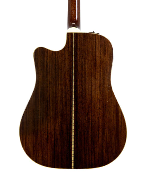 The wooden back of a Takamine EF 360SC acoustic guitar, highlighting its craftsmanship from Japan, 1988.
