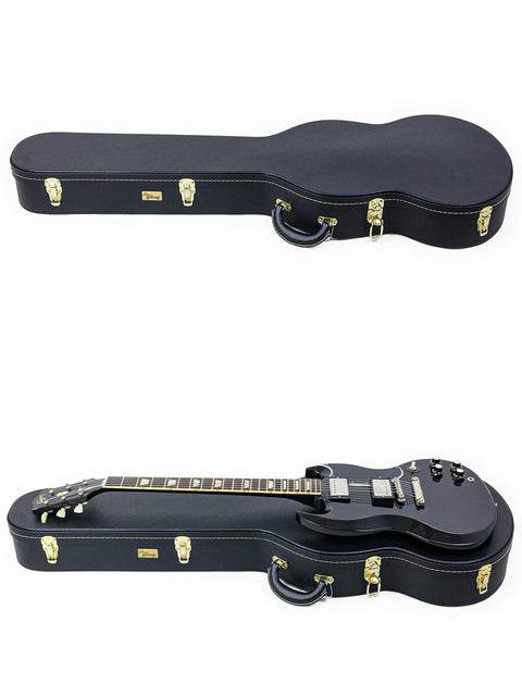 Two black electric guitars in their cases, including a Gibson Custom Shop '64 SG Murphy Lab from the USA, 2022.