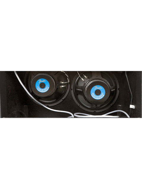 Two blue-eyed speakers housed in a black box, representing the Fender Princeton Chorus Combo made in the USA, 1992.