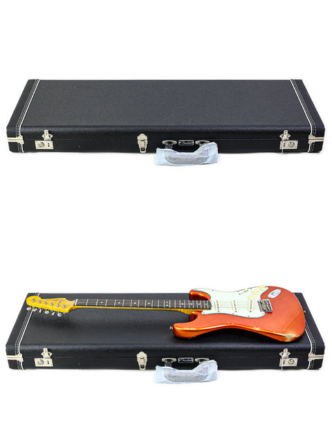 Two distinct guitar cases in varying colors, showcasing the Fender Ltd NAMM '64 Stratocaster Relic from USA, 2017.
