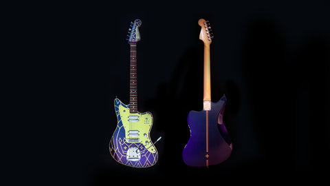Two electric guitars, featuring the Zachary & Mercer Mastermind “Royal” Offset, displayed on a bold black background.