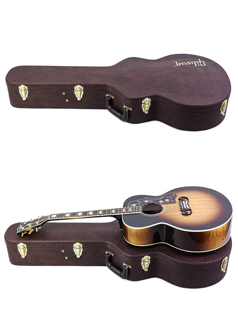 Two elegant guitars resting in a brown case, highlighting the premium Gibson SJ-200 crafted in the USA, 2020.

