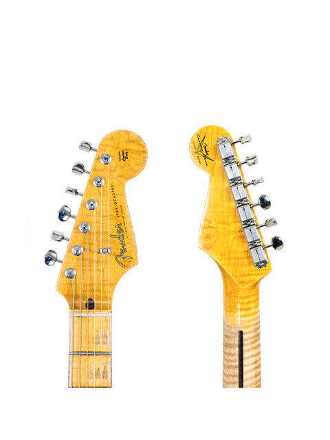 Two guitar necks on white background, one with tuning pegs attached, the other without.