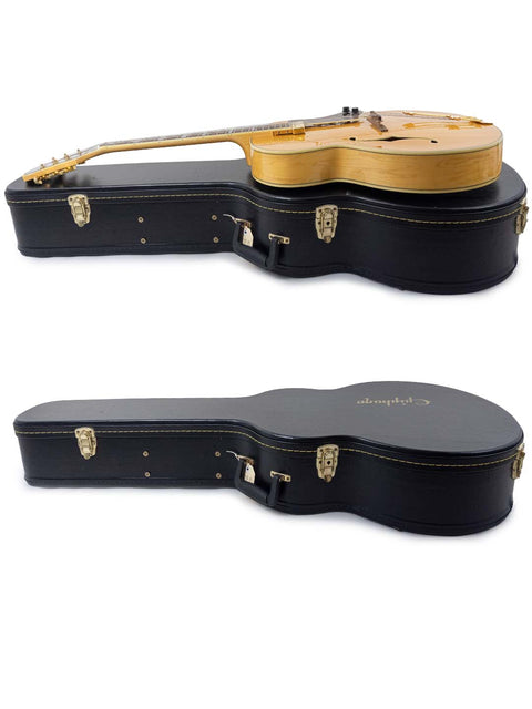 Two guitars, an Epiphone Coronet from 1965, resting in their cases against a clean white background.