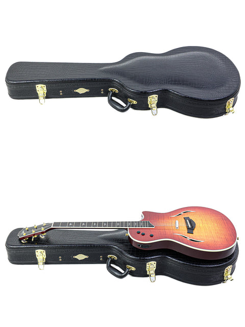 Two guitars in contrasting colors and styles, featuring a Taylor T5-C1 from the USA, made in 2010.
