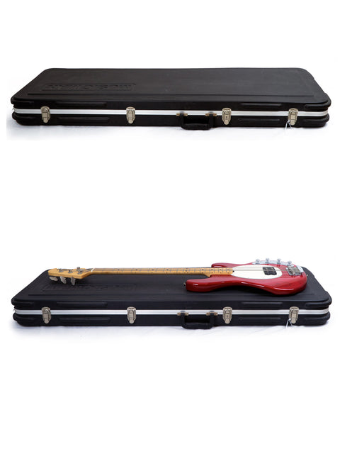 Two instrument cases displayed together, one for an electric guitar and one for a 2008 Music Man Stingray 4 H Bass.