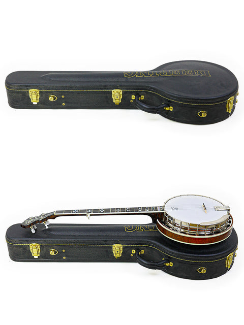 Two perspectives of a 2008 Deering Golden Era Banjo and its case, emphasizing the banjo's intricate details and protective cover.