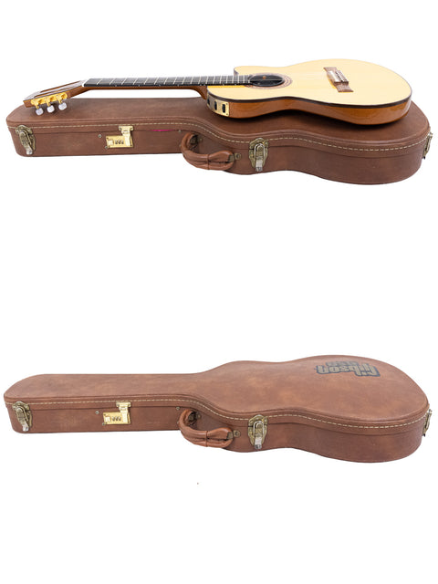 Two views of a Gibson Chet Atkins CEC guitar case, showcasing its sleek design and craftsmanship from 2001, USA.