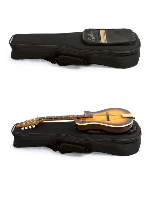 Two views of a Godin A8 Mandolin and a guitar, showcasing their unique shapes and designs.