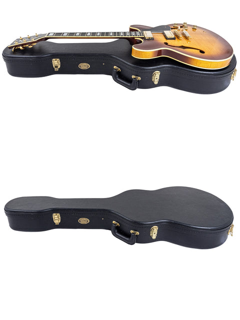 Two views of a Yamaha SA 2200 Thinline guitar case, emphasizing its elegant design and quality from Japan, made in 2004.