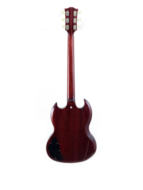 Vibrant red Gibson Custom ’61 Les Paul SG Standard guitar displayed on a white background, highlighting its sleek design.
