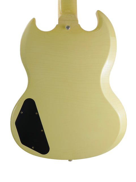 Vibrant yellow electric guitar, a Gibson Custom ‘63 SG Special, featuring a stylish black pickguard for a striking contrast.