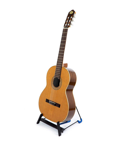 Vicente Sanchis Model 34 Classical acoustic guitar from 1979, displayed on a stand with a white backdrop.