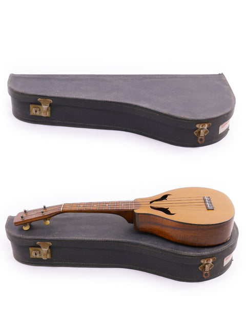 Vintage 1927 Harmony Roy Smeck Vita-uke and guitar in a case, perfect for musicians seeking classic instruments.