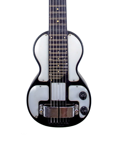 Vintage 1930s Rickenbacher Electro Lap Steel guitar in black and white with a contrasting white pick guard.