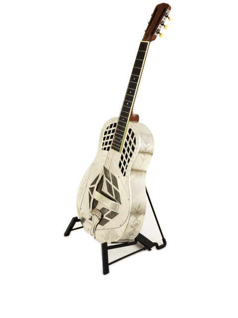 Vintage 1931 National Tricone Style 2 Roundneck guitar in white, adorned with a bold black and white pattern.