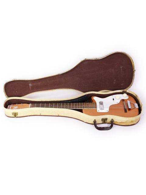 Vintage 1955 Harmony H44 Stratotone Fender guitar, highlighting its iconic shape and craftsmanship.