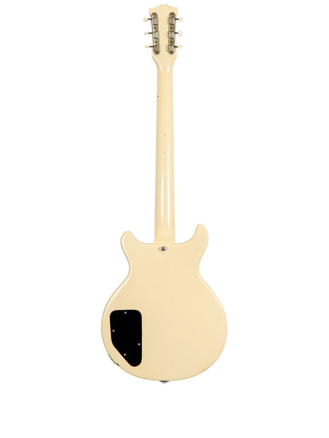 Vintage 1959 Gibson Les Paul Special Refin, a white electric guitar with a striking black pickguard, perfect for music enthusiasts.