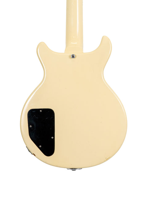 Vintage 1959 Gibson Les Paul Special Refin, featuring a white body and black pickguard, showcasing classic electric guitar design.
