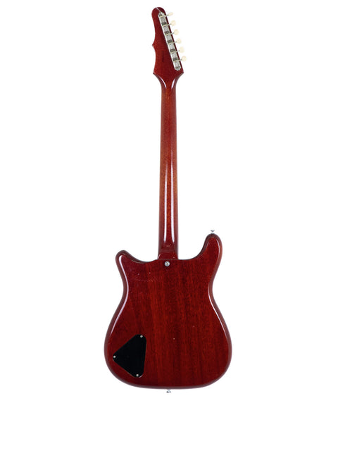 Vintage 1965 Epiphone Coronet guitar in red with a striking black pickguard, embodying timeless musical elegance.