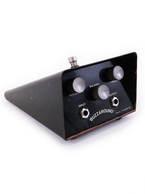 Vintage 1966 Baldwin Burns Buzzaround Fuzz Pedal in black and white, showcasing three knobs for tone control.