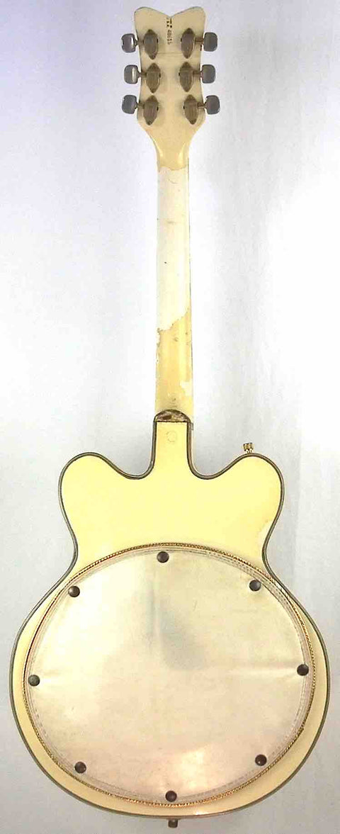 Vintage 1968 Gretsch 6136 White Falcon banjo, showcasing a beautiful white finish and elegant black headstock design.