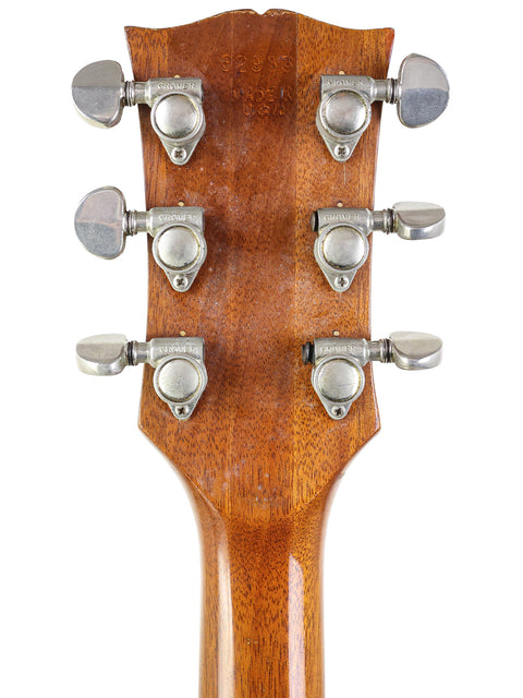 Vintage 1973 Gibson Les Paul Deluxe acoustic guitar headstock, emphasizing its classic style and refinished appearance.