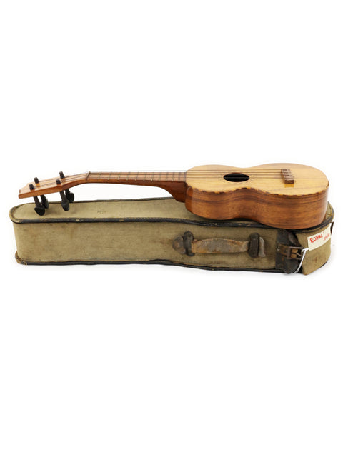 Vintage Royal Style 3 Koa Ukulele from Hawaii c.1916 displayed in a case on a clean white background.