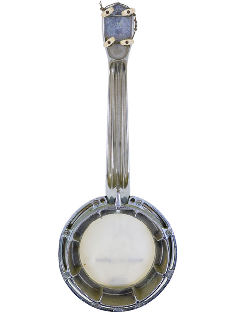 Vintage banjo viewed from the front against a white background.
