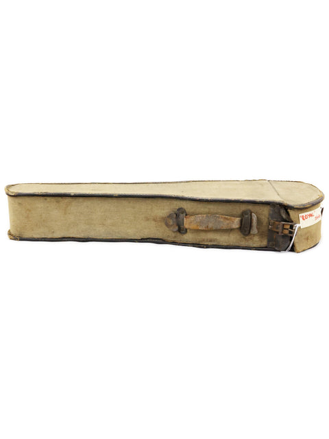 Vintage guitar case with a strap, featuring the Royal Style 3 Koa Ukulele, made in Hawaii around 1916.