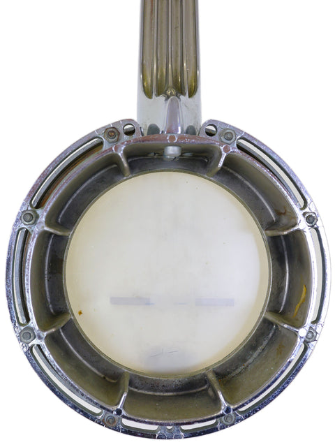 Vintage metal scoop with a white interior against a white background.