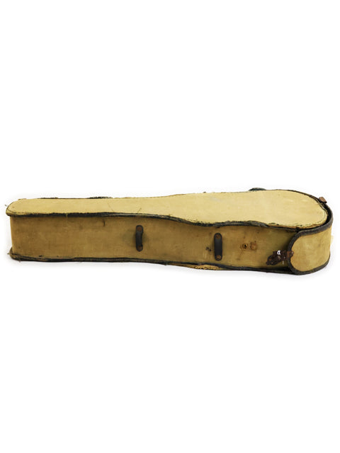 Violin case with leather cover and two strings, featuring the Nuuanu Style 4 Koa Ukulele from Hawaii, c. 1920.