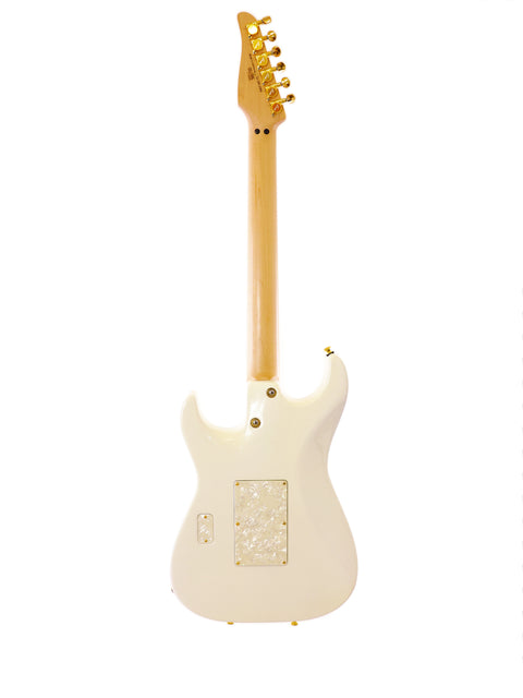 White electric guitar featuring a gold neck, Tom Anderson Drop Top Classic from 2014, showcasing its sleek design.