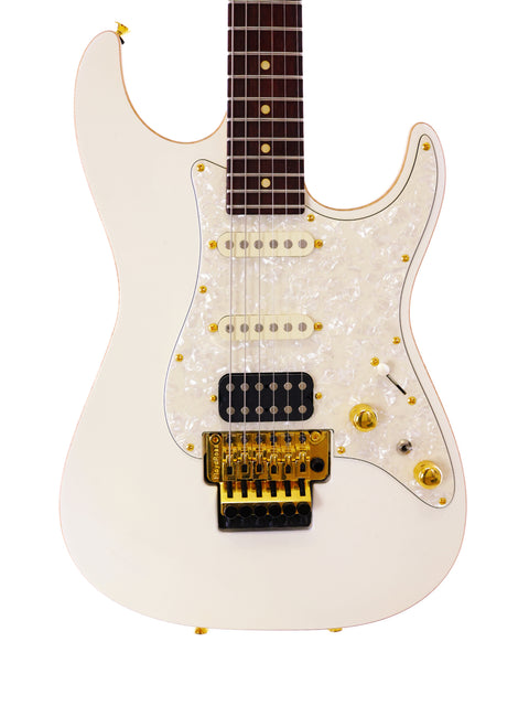 White electric guitar featuring gold hardware, the Tom Anderson Drop Top Classic, crafted in the USA in 2014.