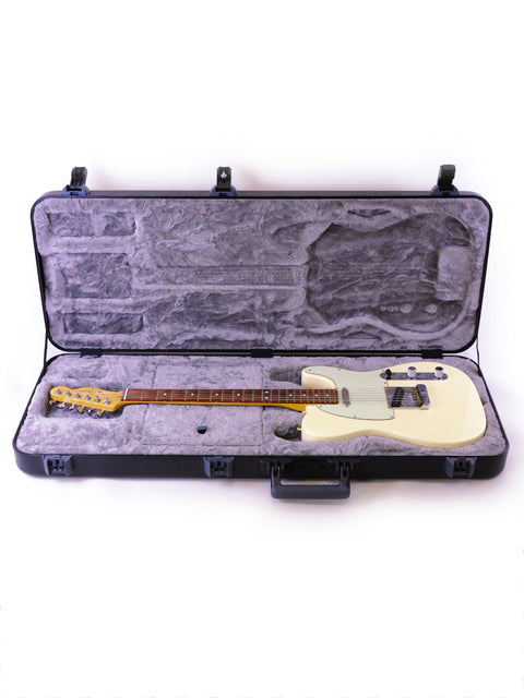 White electric guitar in a black case with gray lining, isolated on a white background.