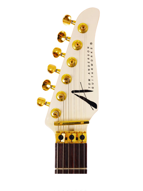 White guitar featuring gold hardware and a black pickguard, model Tom Anderson Drop Top Classic, USA, 2014.