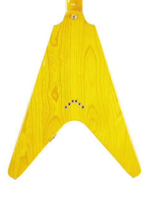 Yellow guitar neck displayed on a white background, featuring the Ibanez 2387CT Rocket Roll Sr. Flying V from Japan, 1976-77.