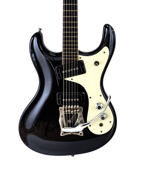 black electric guitar with a white pickguard, featuring the Mosrite Of California logo, from the 1990s Ventures Model.