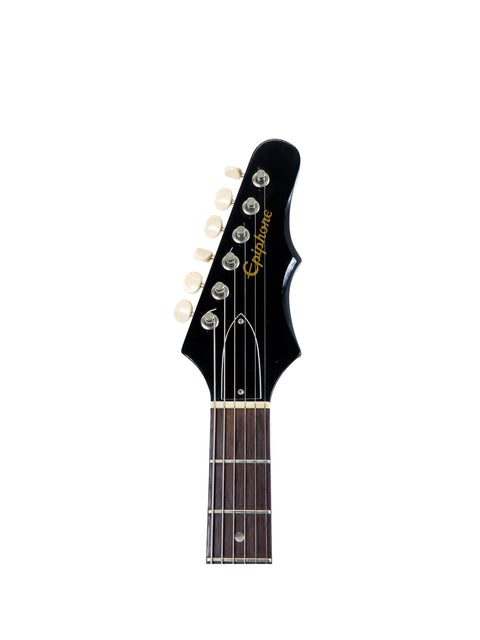 A classic red Epiphone Coronet guitar from 1965, highlighted by its contrasting black pickguard, perfect for music lovers.