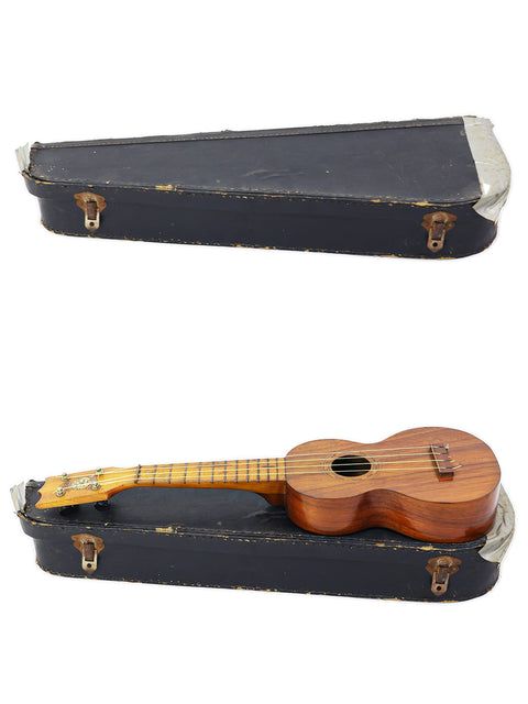 historic Kaai Style 2 Koa Ukulele from Hawaii, c. 1918, nestled inside a sturdy case.